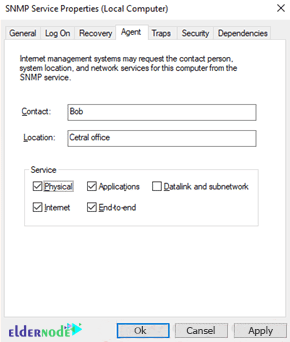 agent tab in SNMP Service properties in Windows 10