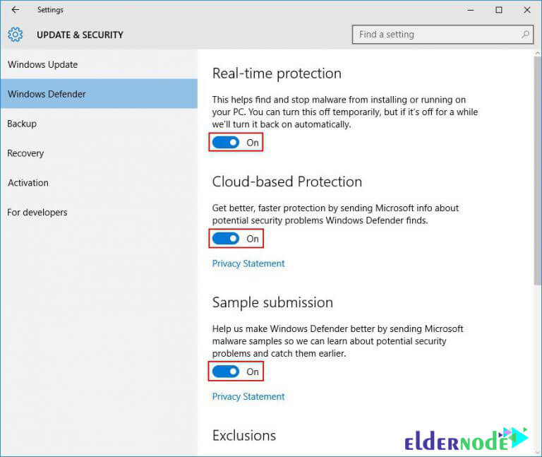 Real time protection settings in Windows Defender
