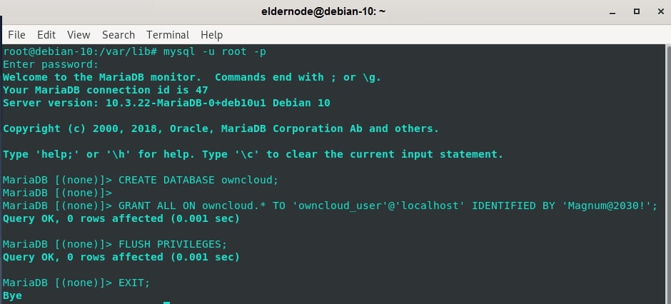 create db for owncloud on debian 10