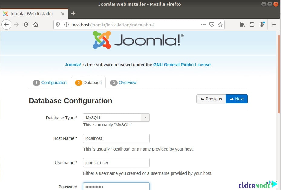 set joomla database information on debian 10