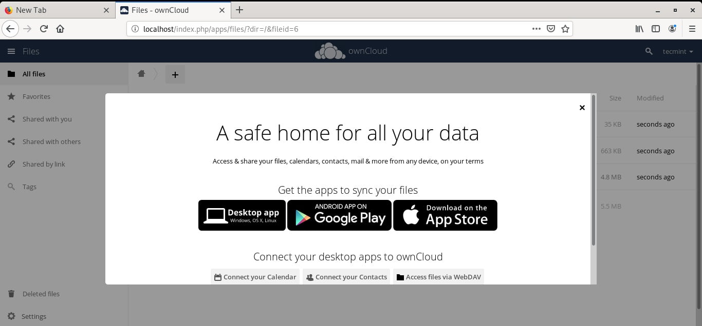 owncloud apps view on first login