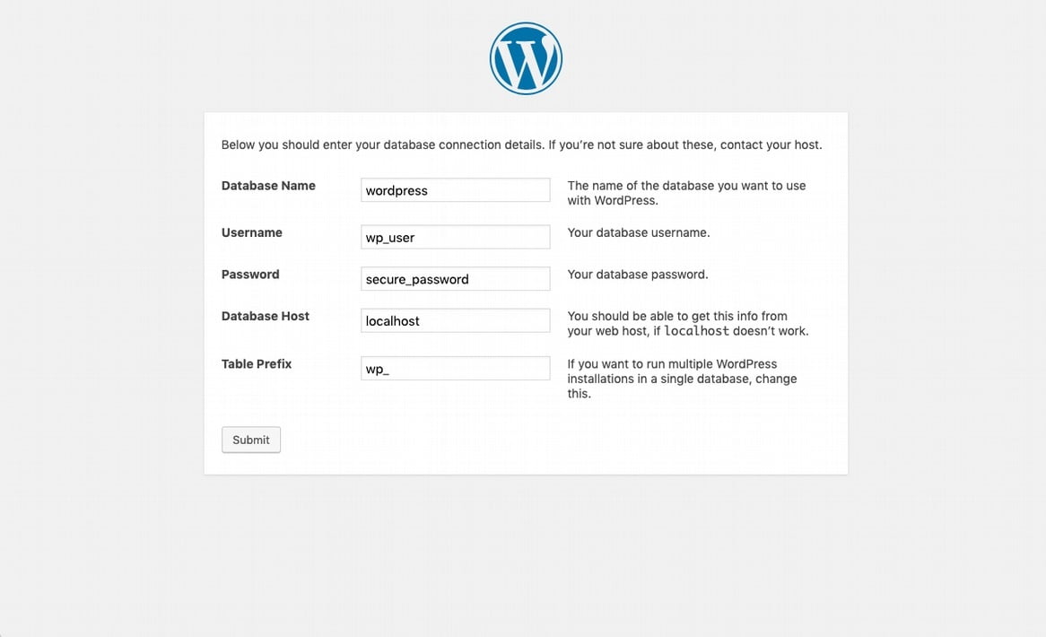 wordpress Database Settings