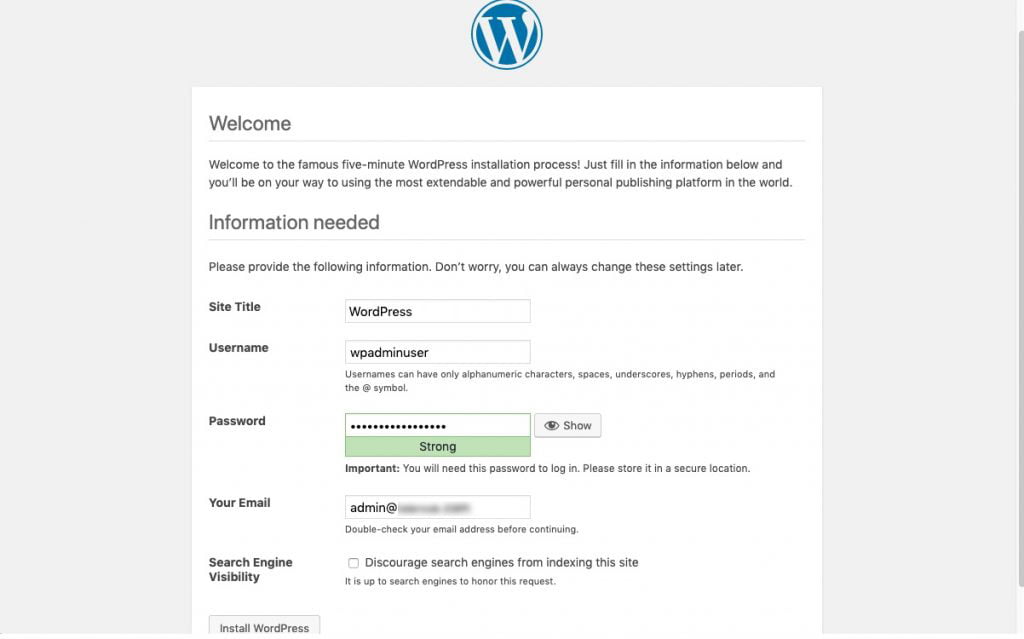 wordpress setup site info