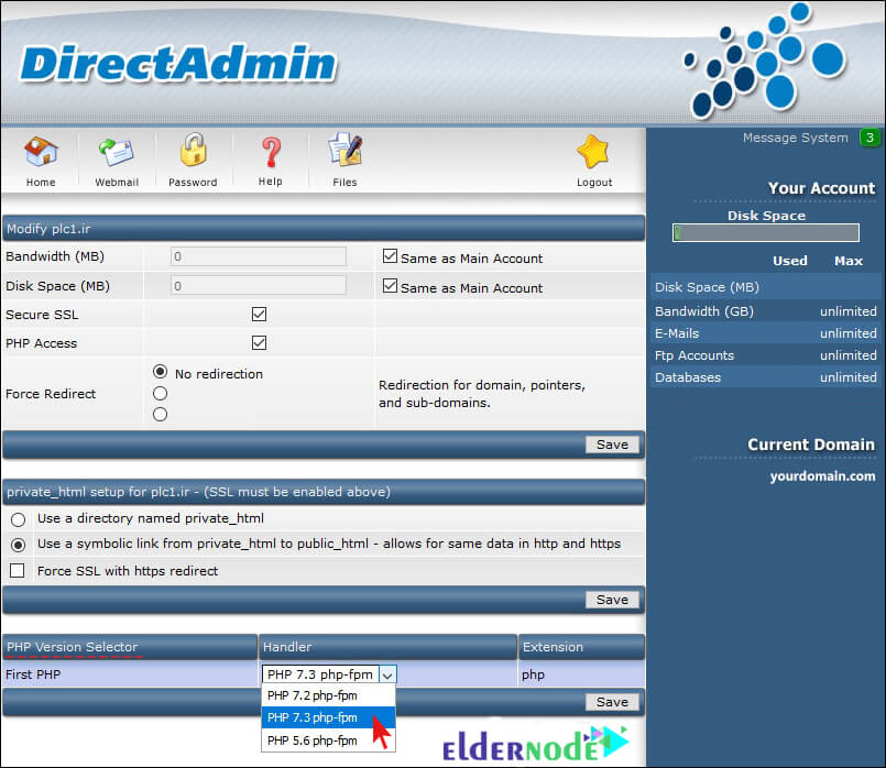 find php version selector on directadmin