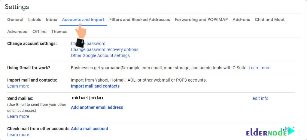account and import setting on Gmail