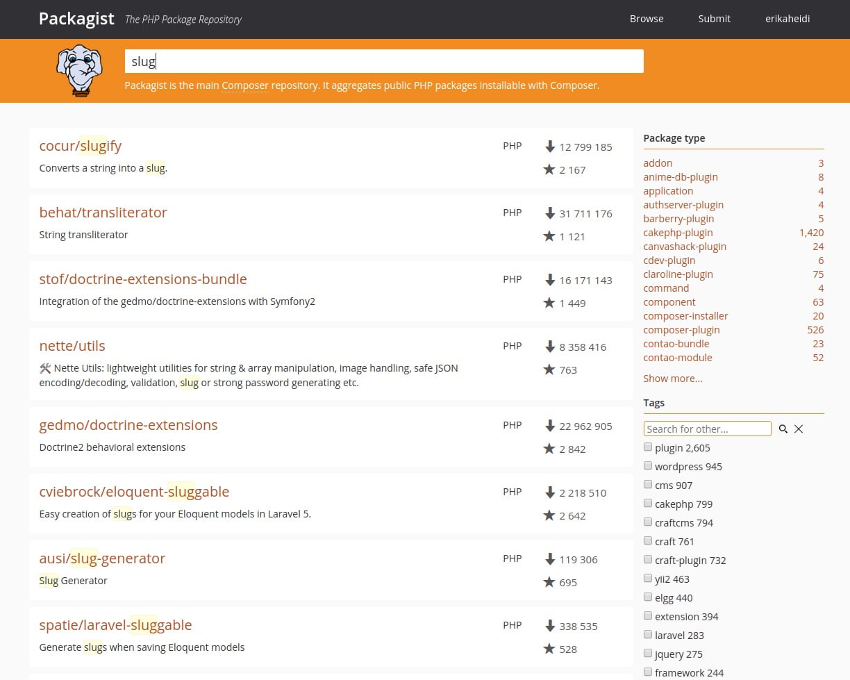 packagist slug search page