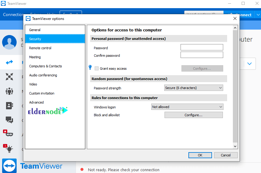 Security section settings in teamviewer