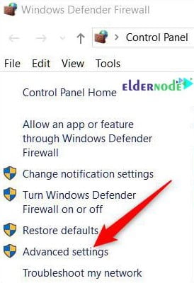 advanced settings of Windows defender firewall