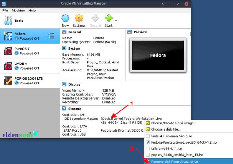 how to unload fedora iso file from virtualbox- vm