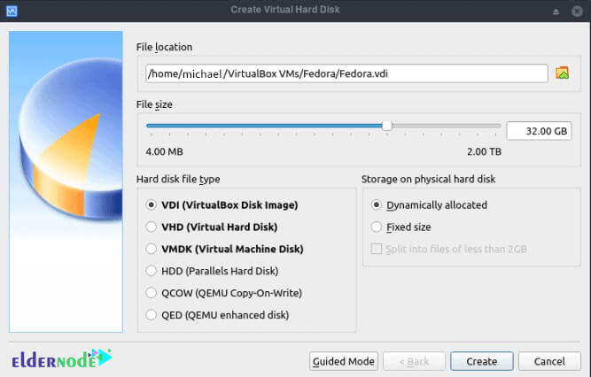 how to Assign disk space in VDI format on fedora