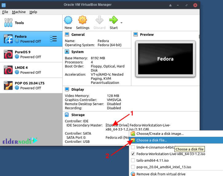 how to Add the Fedora ISO to optical drive storage