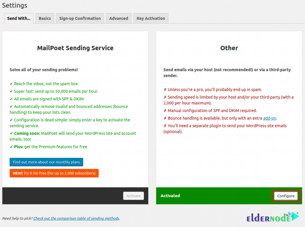 mailpoet configure send settings
