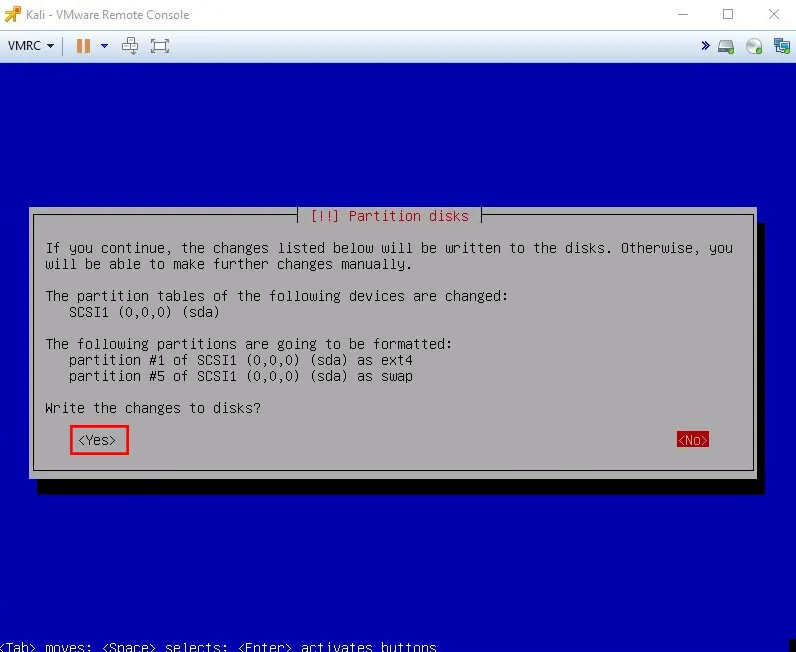 Write-changes-to-disks-Install Kali Linux on VMware ESXi